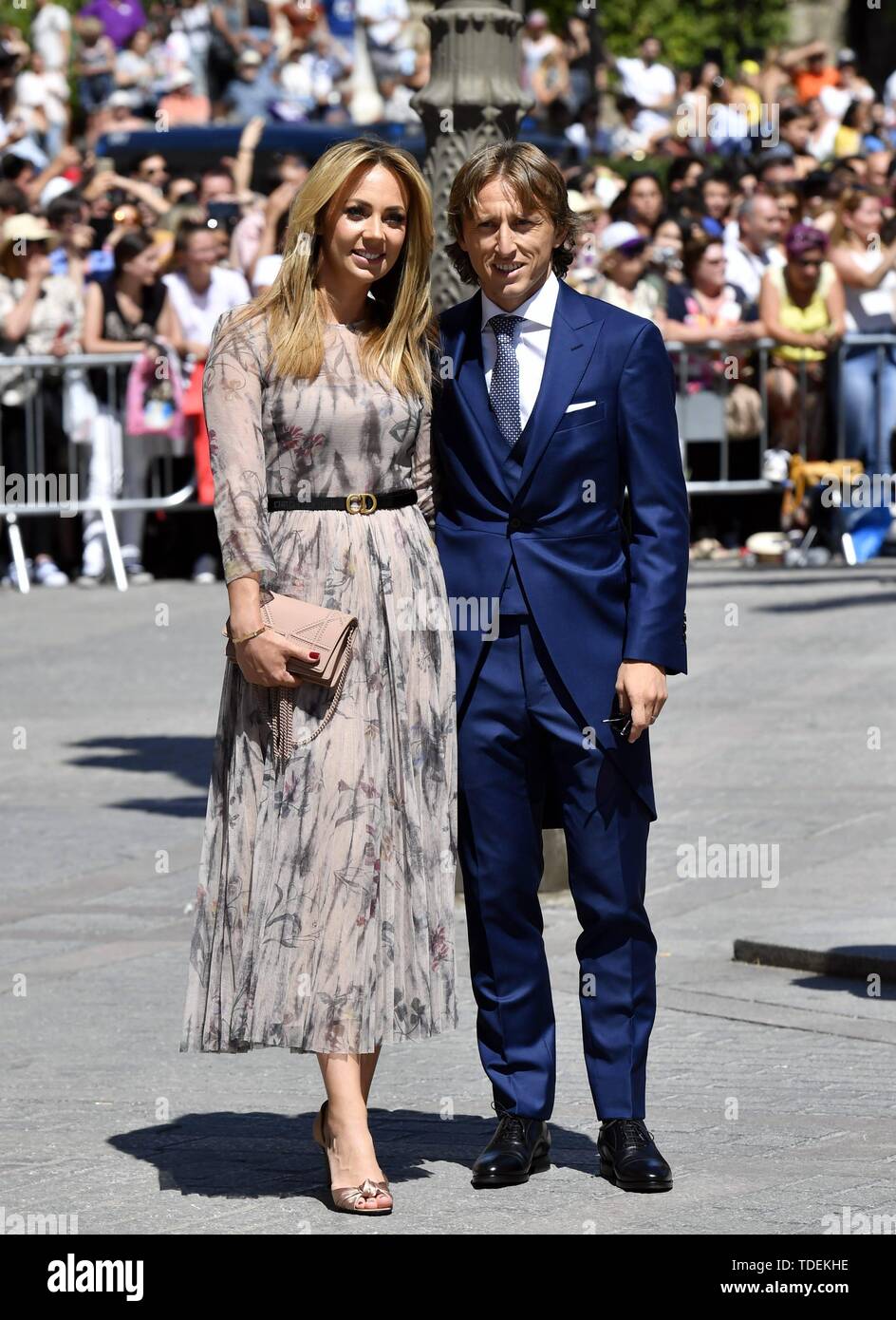 Seville, Spain. 15th June, 2019. Seville, Spain. 15th June, 2019.  Soccerplayer Luka Modric and wife Vanja Bosnic during the wedding of Sergio  Ramos and Pilar Rubio in Seville on Saturday, 15 June