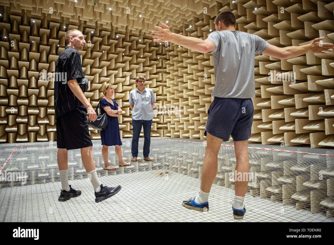 Berlin, Germany. 15th June, 2019. During the Long Night of the Museums at the Technical University of Berlin, visitors stand in an anechoic room. Walls, ceiling and floor are manufactured in such a way that they absorb as much sound as possible and the room appears acoustically 'dead'. Credit: Gregor Fischer/dpa/Alamy Live News Stock Photo