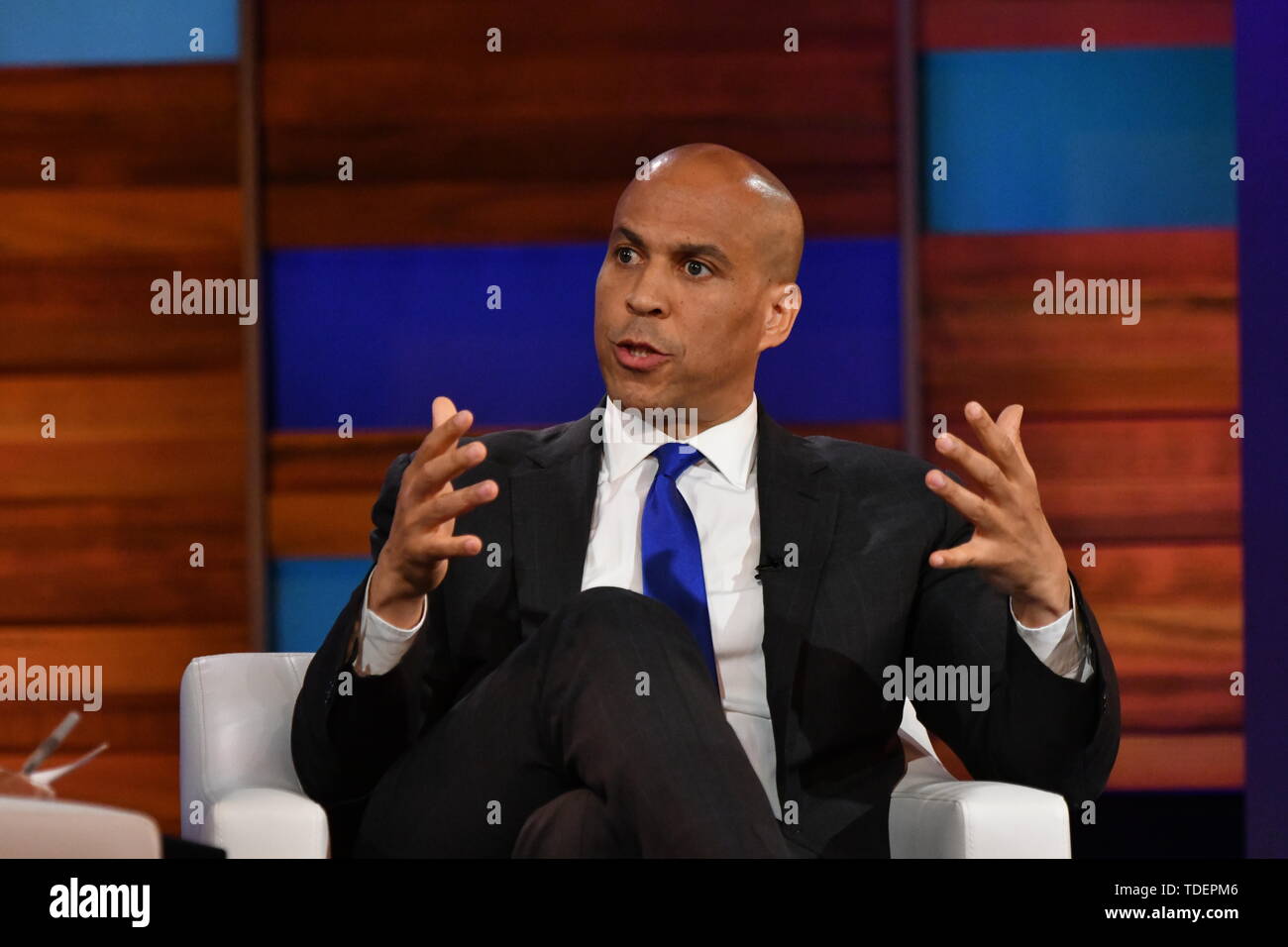 Charleston, USA. 15th June, 2019. Democratic presidential hopeful Senator Cory Booker during an interview with moderator Soledad O'Brien during the Black Economic Alliance Presidential Forum June 15, 2019 in Charleston, South Carolina. Credit: Planetpix/Alamy Live News Stock Photo