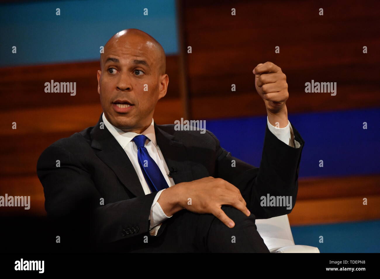 Charleston, USA. 15th June, 2019. Democratic presidential hopeful Senator Cory Booker during an interview with moderator Soledad O'Brien during the Black Economic Alliance Presidential Forum June 15, 2019 in Charleston, South Carolina. Credit: Planetpix/Alamy Live News Stock Photo