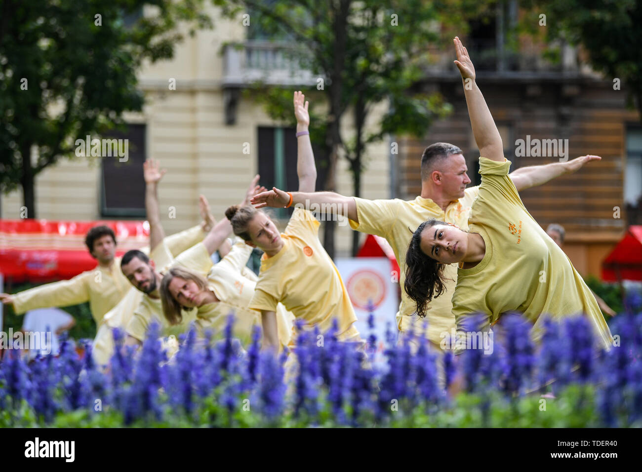 Zagreb, Croatia. 15th June, 2019. People practise yoga at King Tomislav Square in Zagreb, Croatia, on June 15, 2019. Credit: Josip Regovic/Xinhua/Alamy Live News Stock Photo