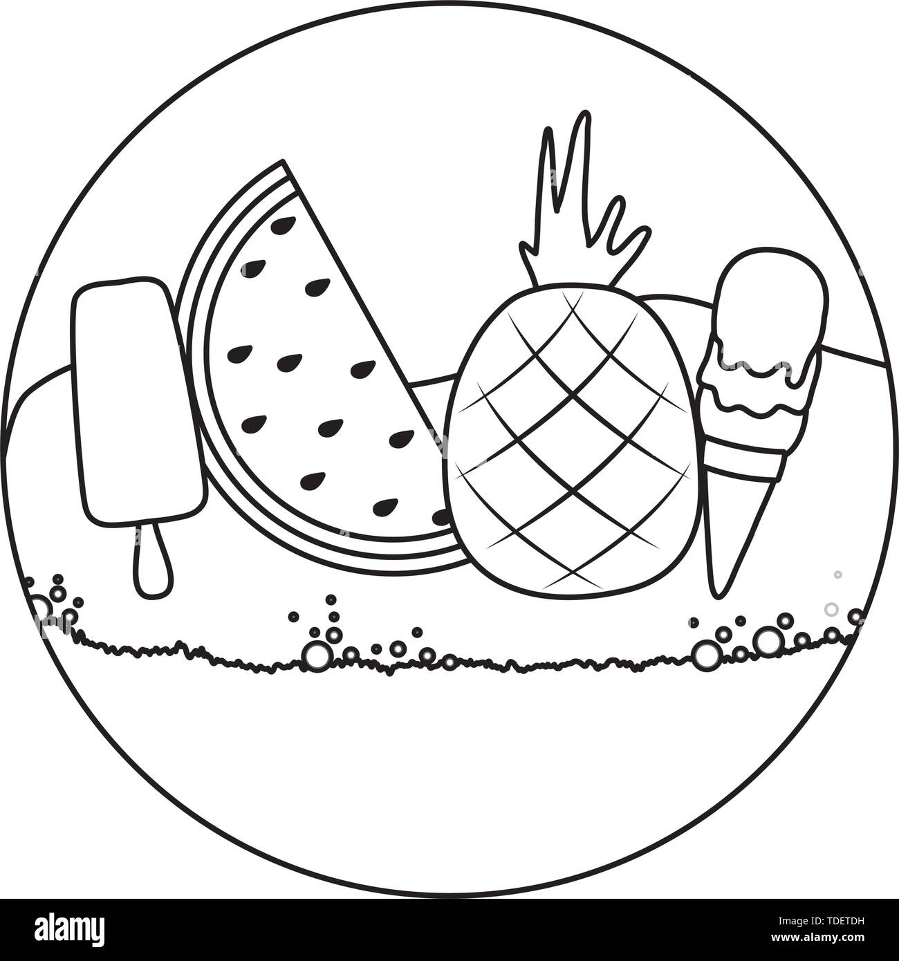 pineapple with watermelon and ice creams in beach vector illustration ...