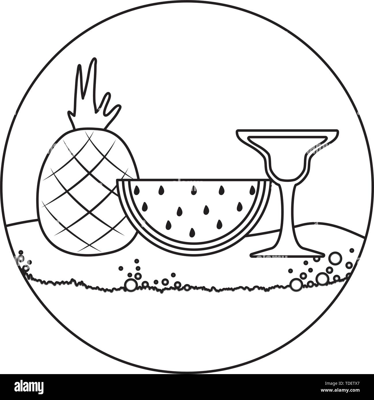 pineapple with watermelon and cocktail cup in beach vector illustration ...