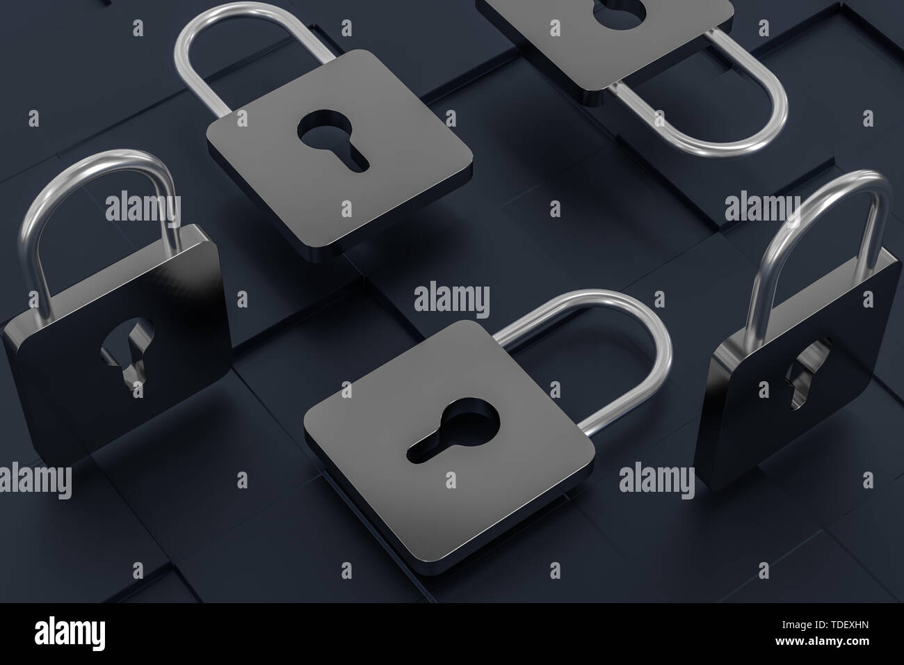 Three-dimensional rendering, metal encryption lock with tech background ...