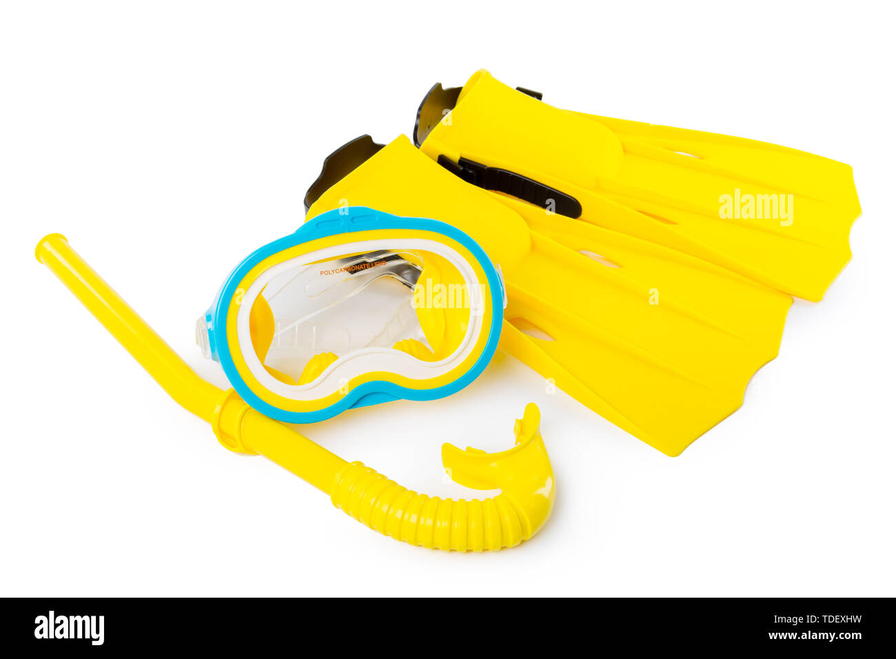 Diving equipment goggles,snorkel and flippers on white background Stock ...