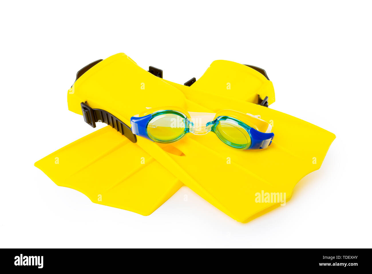 Diving equipment goggles,snorkel and flippers on white background Stock ...