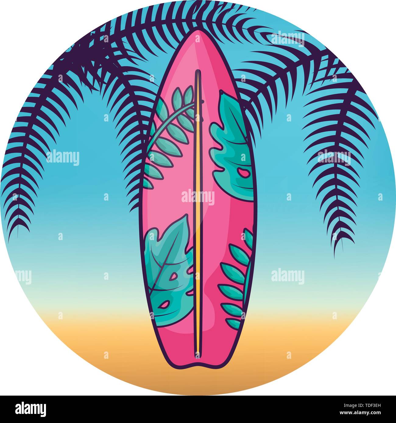 surfboard with tropical palm in frame vector illustration design Stock ...