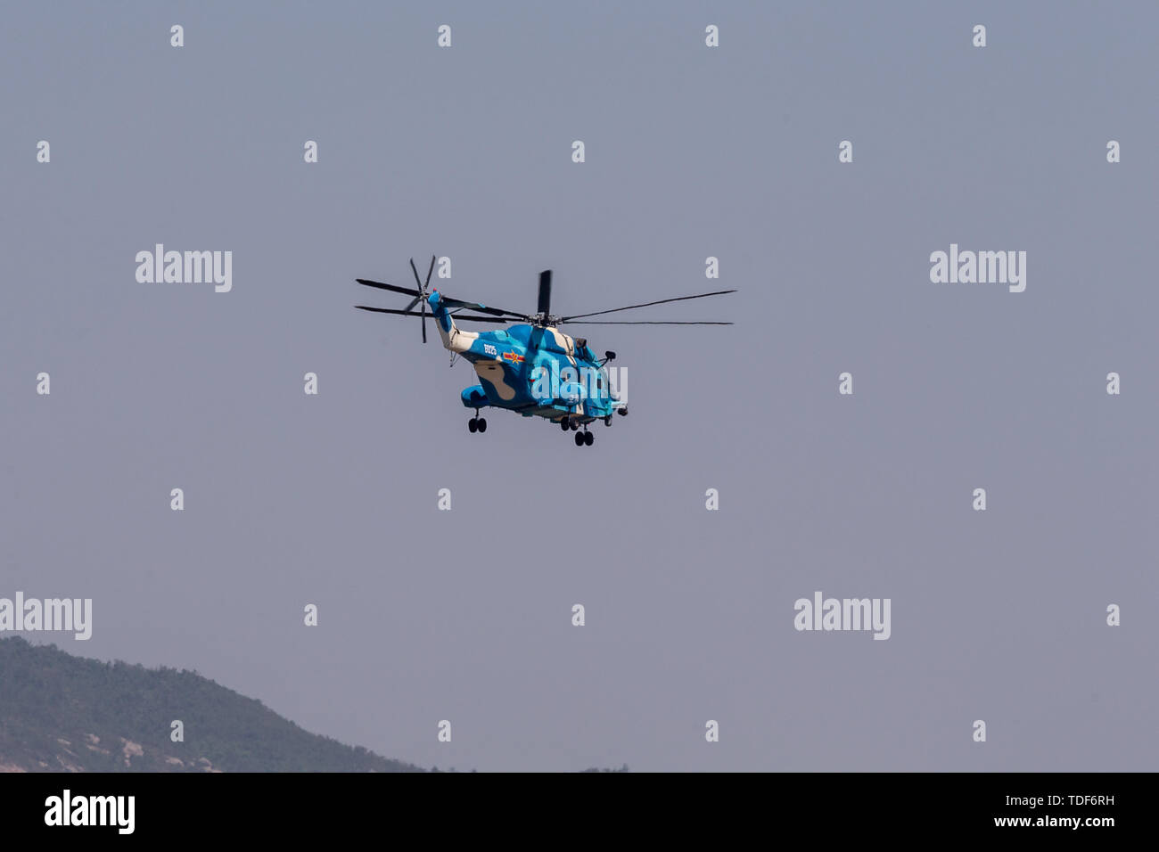 China Air Force direct-8 helicopter helicopter flies to Zhuhai to prepare for the 2018 Zhuhai Air Show, China's Zhuhai Jinwan Airport Air Show Center, October 30, 2018. Stock Photo