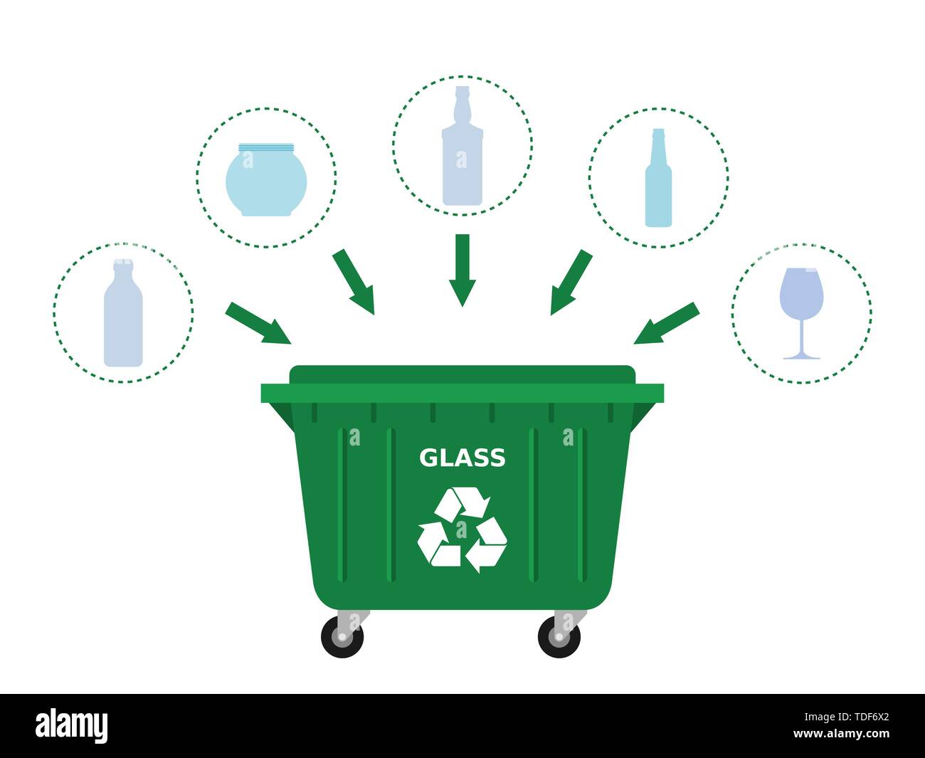 Green trash dumpster and glass waste suitable for recycling. Glass