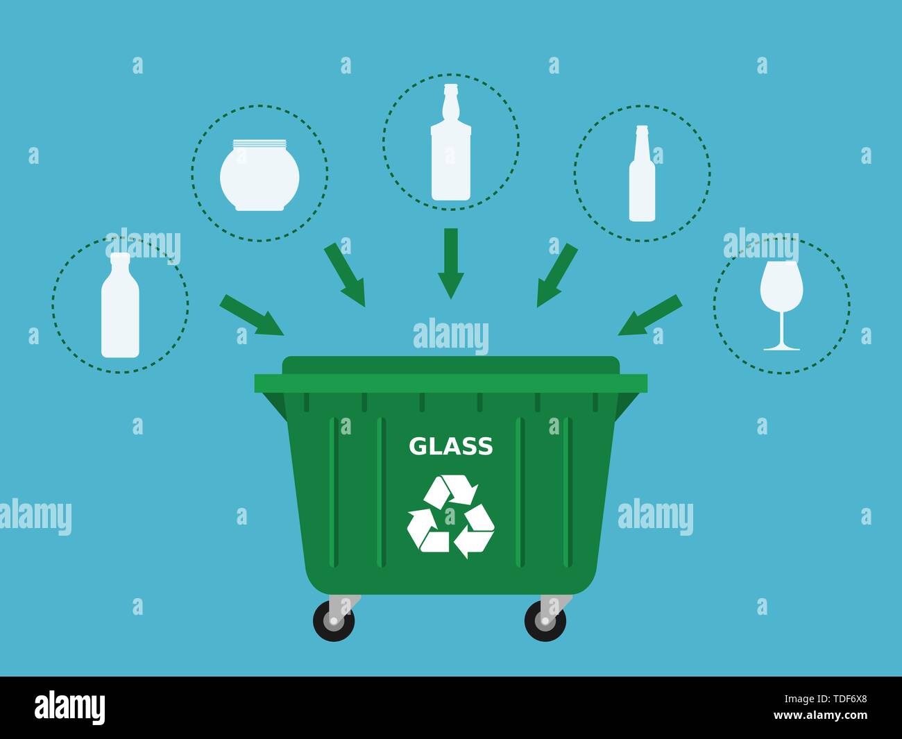 Green trash dumpster and glass waste suitable for recycling. Glass