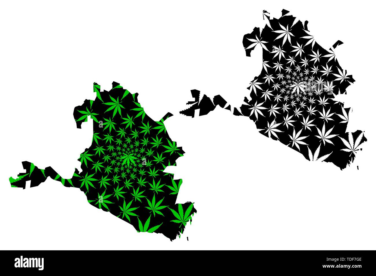 Kalmykia (Russia, Subjects of the Russian Federation, Republics of Russia) map is designed cannabis leaf green and black, Republic of Kalmykia map mad Stock Vector