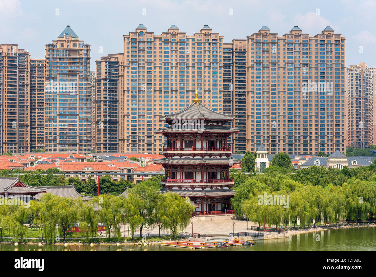 Xi'an,Shaanxi province,China - Aug 12,2018: Pagoda against buildings aerial view in Tang paradise park Stock Photo