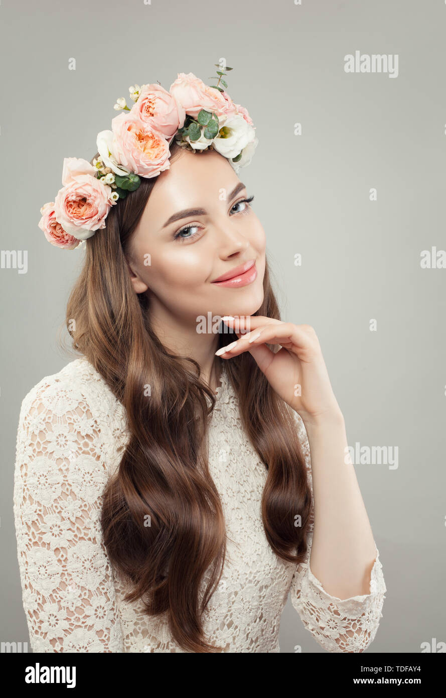 Floral Blossom Portrait Of Beautiful Young Woman Clear Skin Long