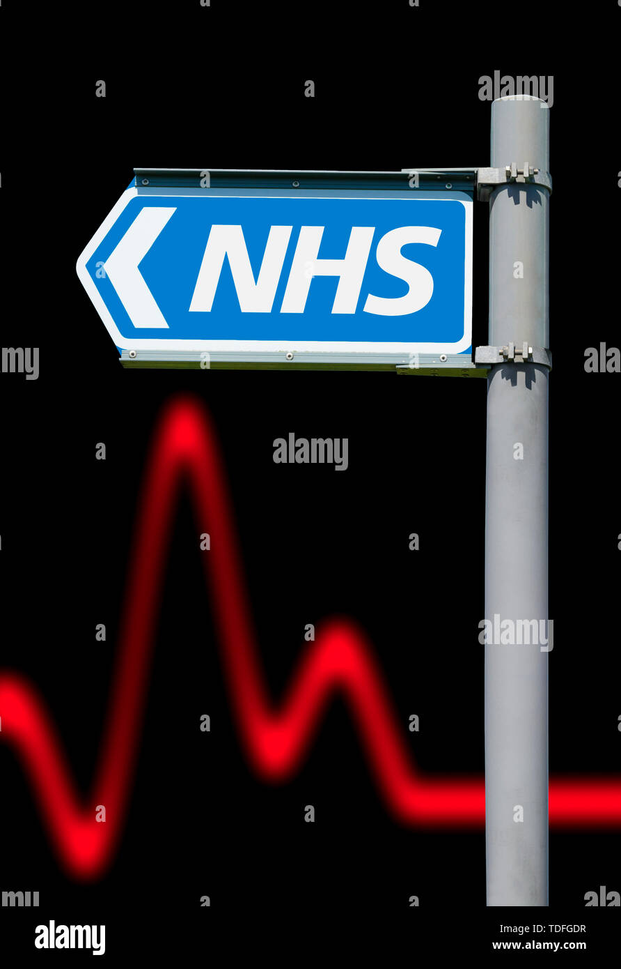 Direction sign pointing to the NHS (National Health Service) for British healthcare in England, UK. Stock Photo