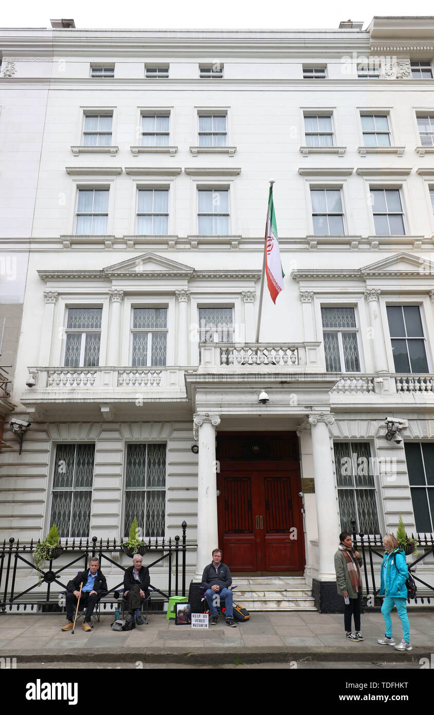 Richard Ratcliffe (centre), with supporters, outside the Iranian Embassy in London where he is on hunger strike in solidarity with his wife, Nazanin Zaghari-Ratcliffe, who has informed the Iranian judiciary she had stopped taking food in protest at her 'unfair imprisonment' in Evin Prison in Iran. Stock Photo