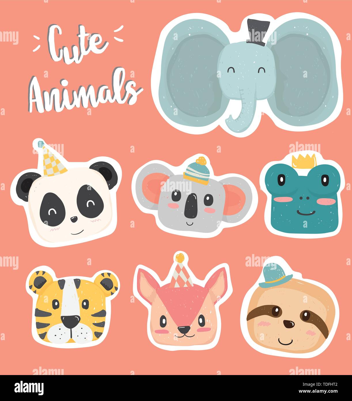cute hand drawing wild animal head clip art icon in pastel color collection  flat vector elephant, panda, koala, frog, sloth, squrrel, tiger Stock  Vector Image & Art - Alamy