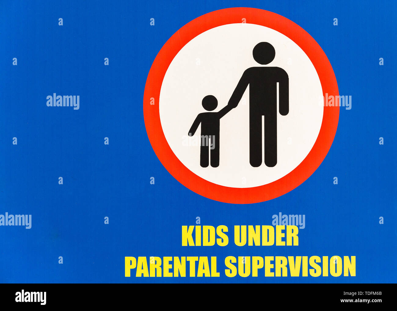 Public board notice sign KIDS UNDER PARENTAL SUPERVISION  illustration drawing closeup photo. Stock Photo