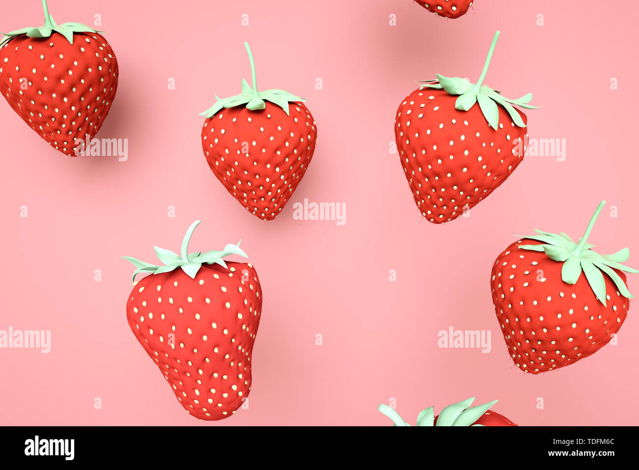 Repeated strawberries placed under the soft pink background of maiden color, sweet juicy strawberries, healthy nutrition and weight loss fruit, hot summer thirst-quenching cool fruit, juice color series, love maiden color. Stock Photo