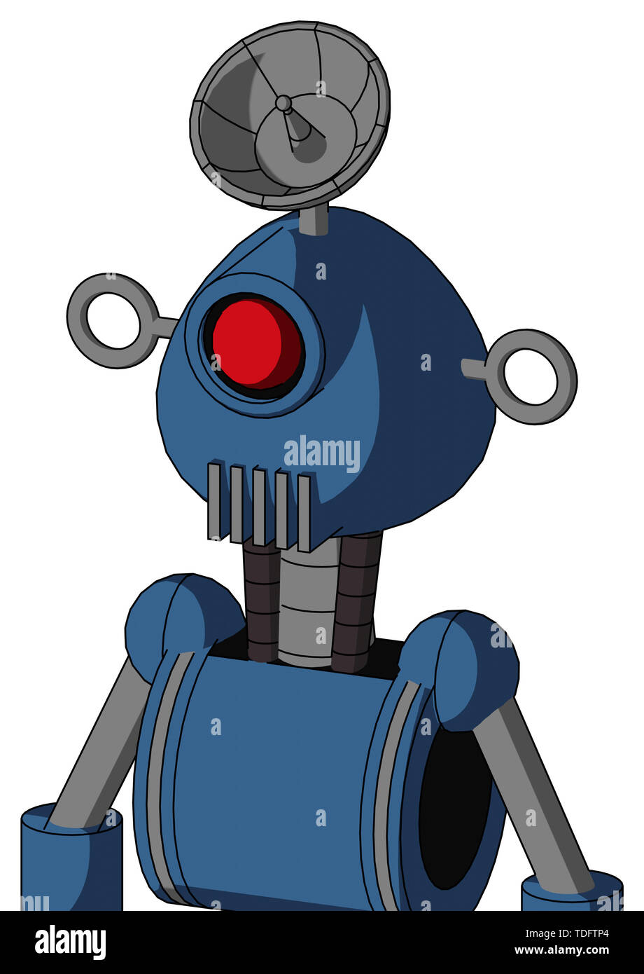 Portrait style blue robot with rounded head and vent mouth and cyclops eye  and radar dish hat Stock Photo - Alamy