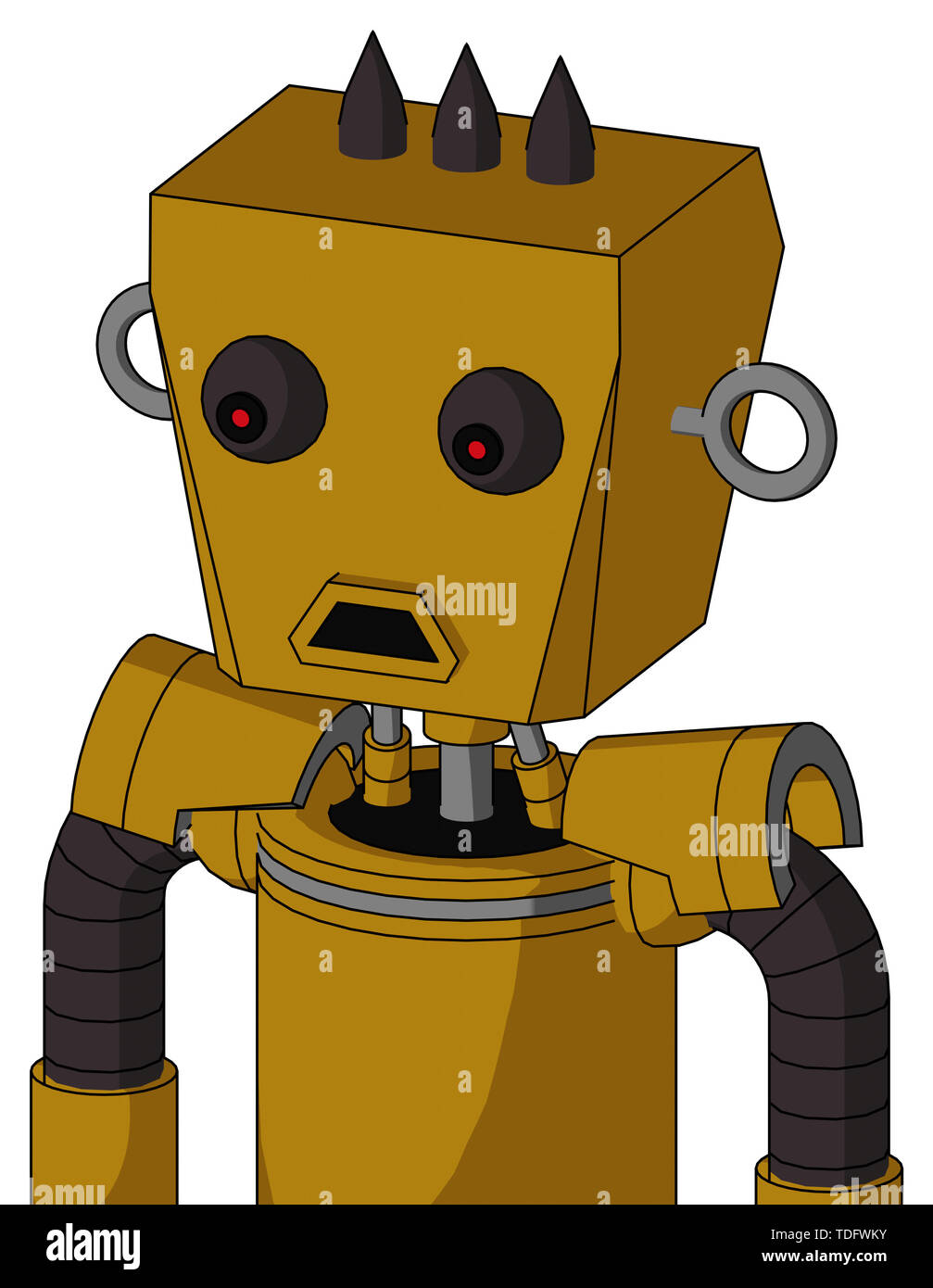 Portrait style dark-yellow automaton with box head and sad mouth and red eyed and three dark spikes . Stock Photo