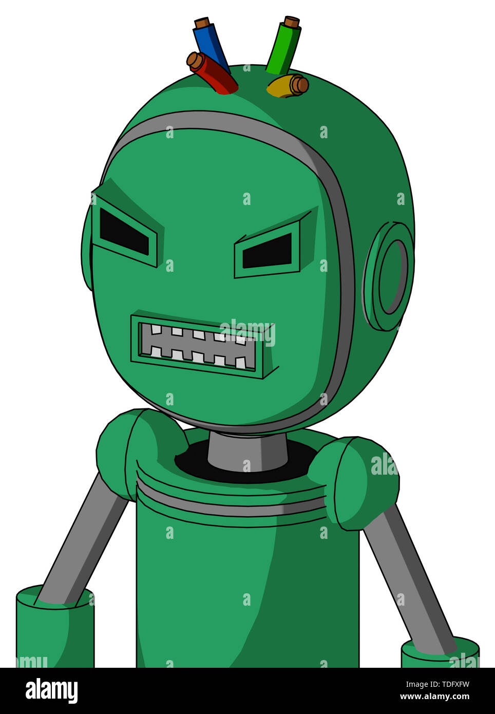 Portrait style green automaton with bubble head and square mouth and