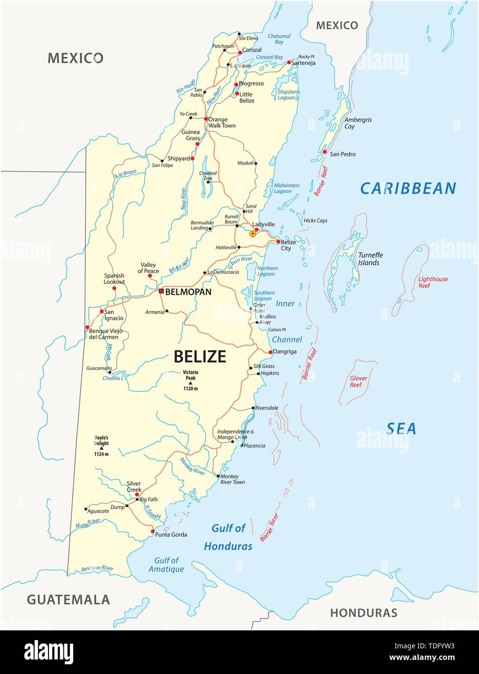 Road map of the Central American state Belize Stock Vector