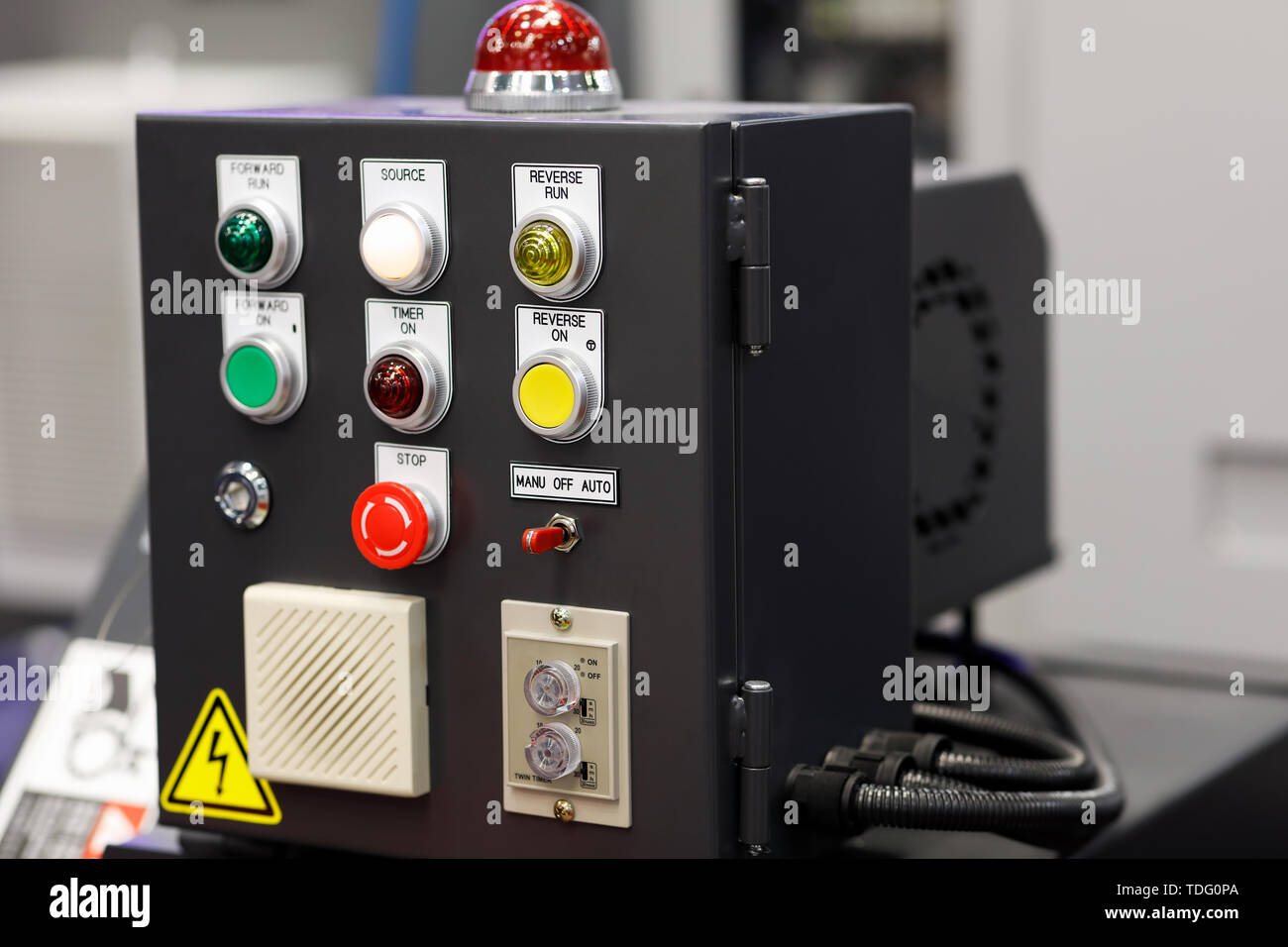 Electric control box of automated industrial equipment. Selective focus. Stock Photo