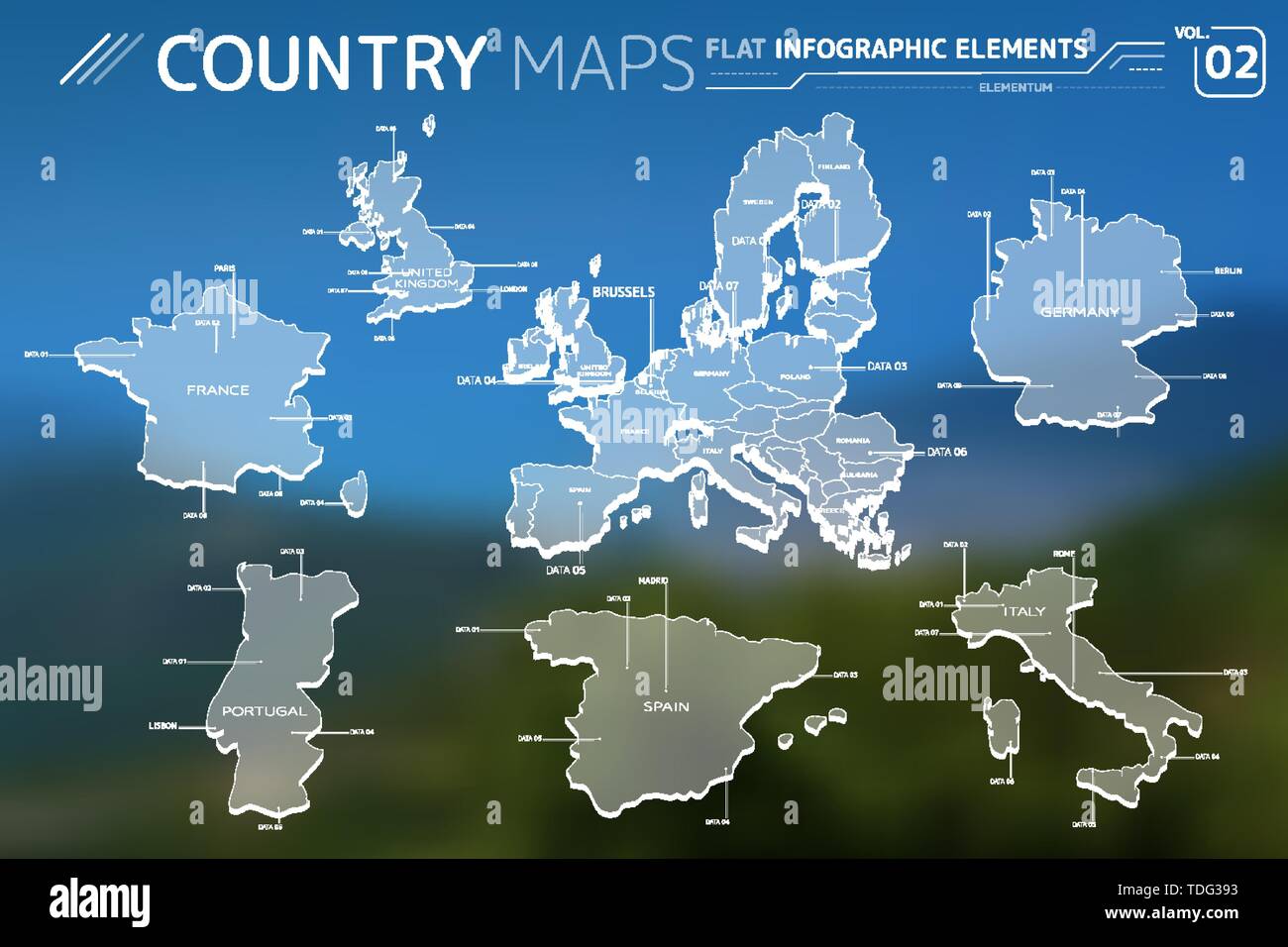 Europe, United Kingdom, France, Portugal, Spain, Italy and Germany Vector Maps Stock Vector