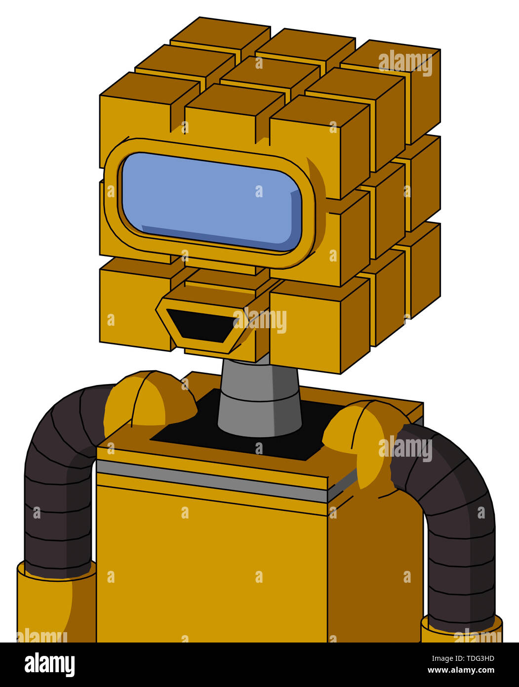 Portrait style yellow robot with cube head and happy mouth and large