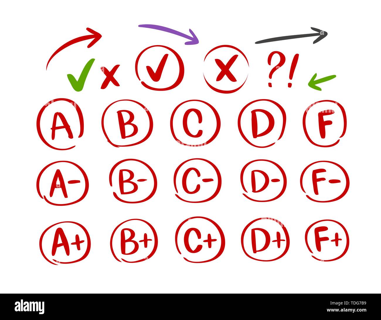 Grades results with circles, set. Hand draw vector Stock Vector
