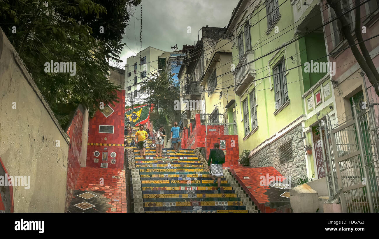 Famous Steps Rio RIO DE JANEIRO, BRAZIL- 25,MAY, 2016: wide view of the famous selaron ...