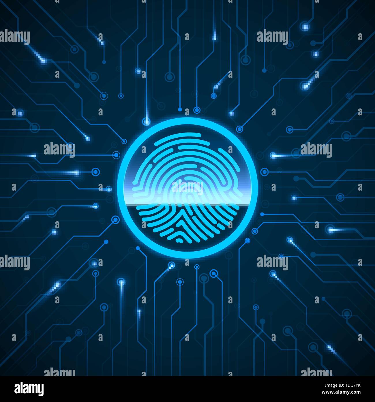 Cyber Security. Fingerprint Scanning Identification System. Finger Print Scanned on Circuit. Biometric Authorization and Security Concept. Vector illu Stock Vector