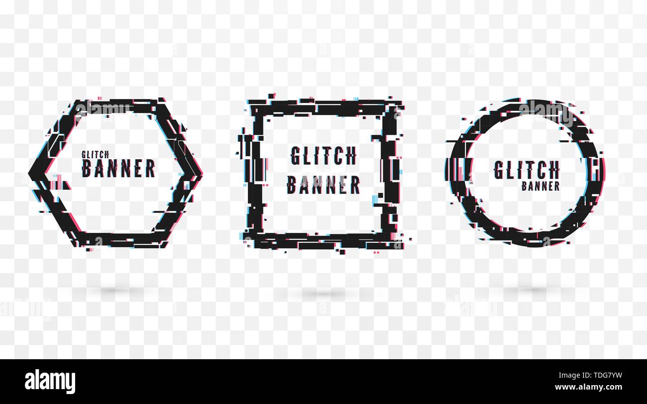 Geometric shape banner with Glitch effect. Digital technology modern poster and flyer template. Vector illustration isolated on transparent background Stock Vector