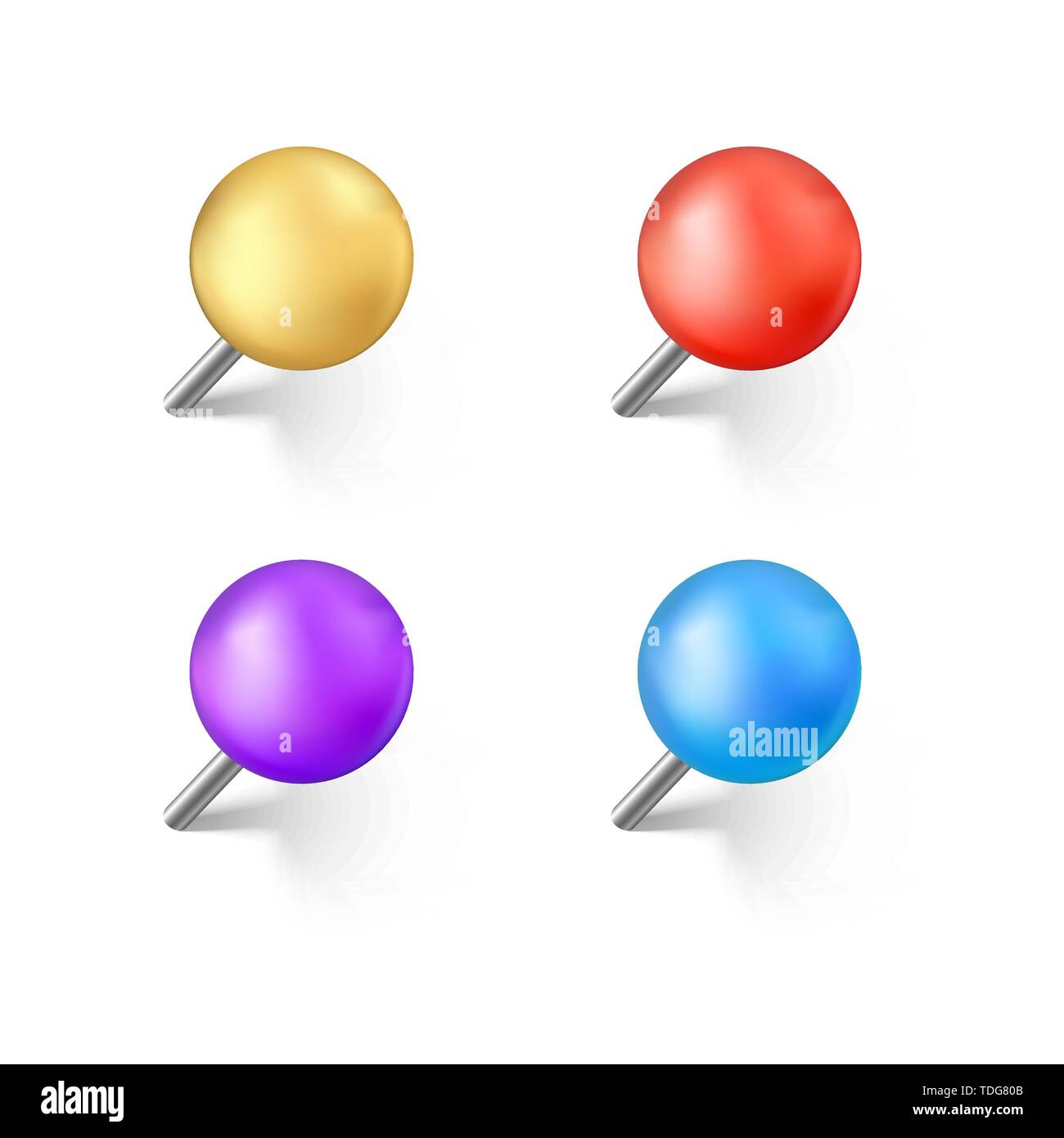 Set of color push pins with shadow. Realistic office needle. Vector illustration isolated on white background Stock Vector