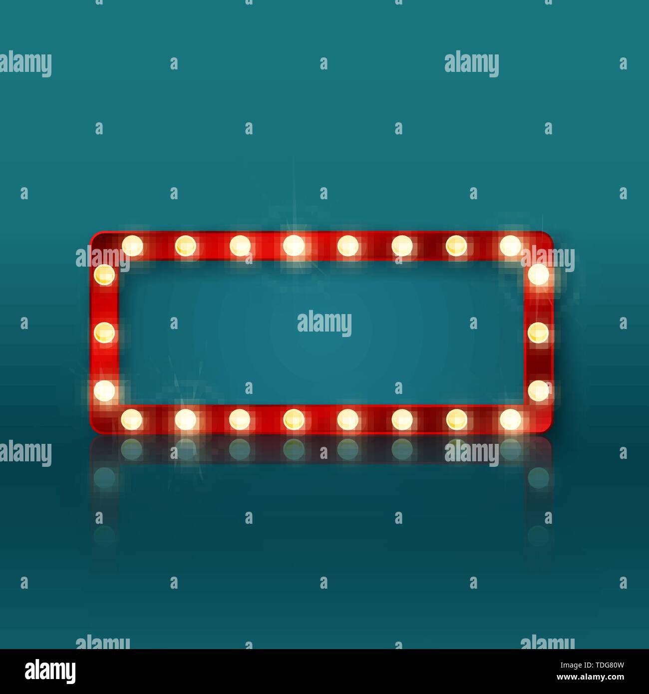Retro rectangular banner sign with red frame and glowing bulbs. Colorful vintage advertisement billboard with space for text and reflection. Vector il Stock Vector