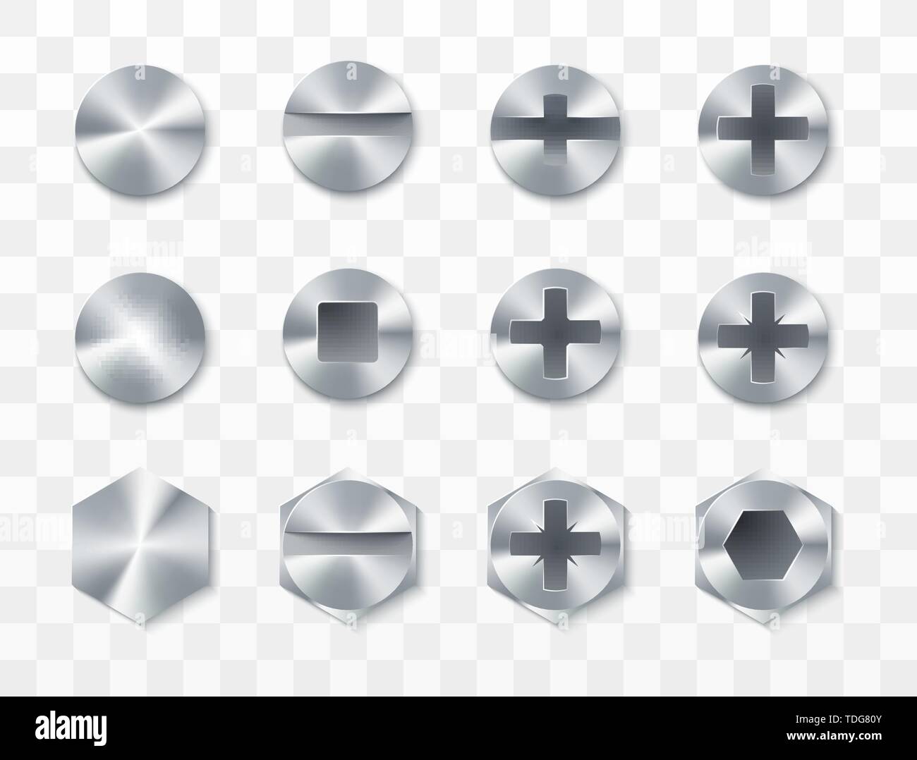 Screws, rivets and bolts set. Vector illustration isolated on transparent background Stock