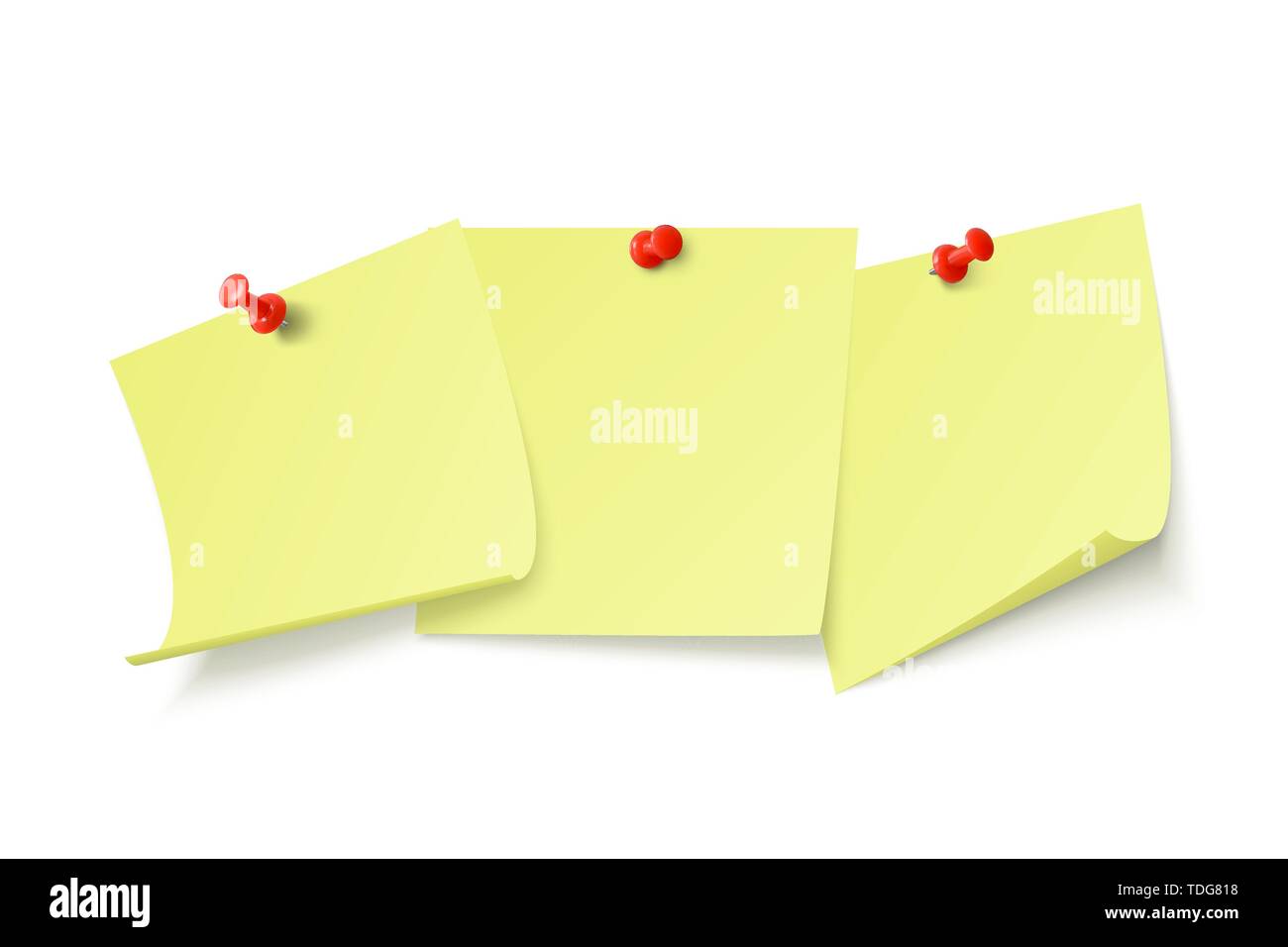 Empty yellow stickers with space for text or message stuck by clip to wall. Vector illustration isolated on white background Stock Vector