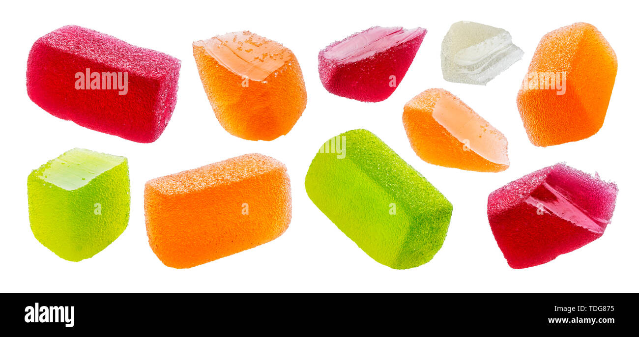 Fruit jellies, marmalade sweets isolated on white background Stock Photo