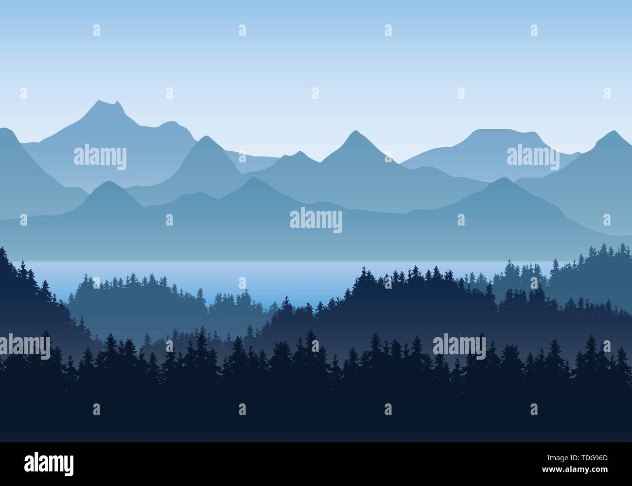 Realistic illustration of mountain landscape with hills and coniferous ...