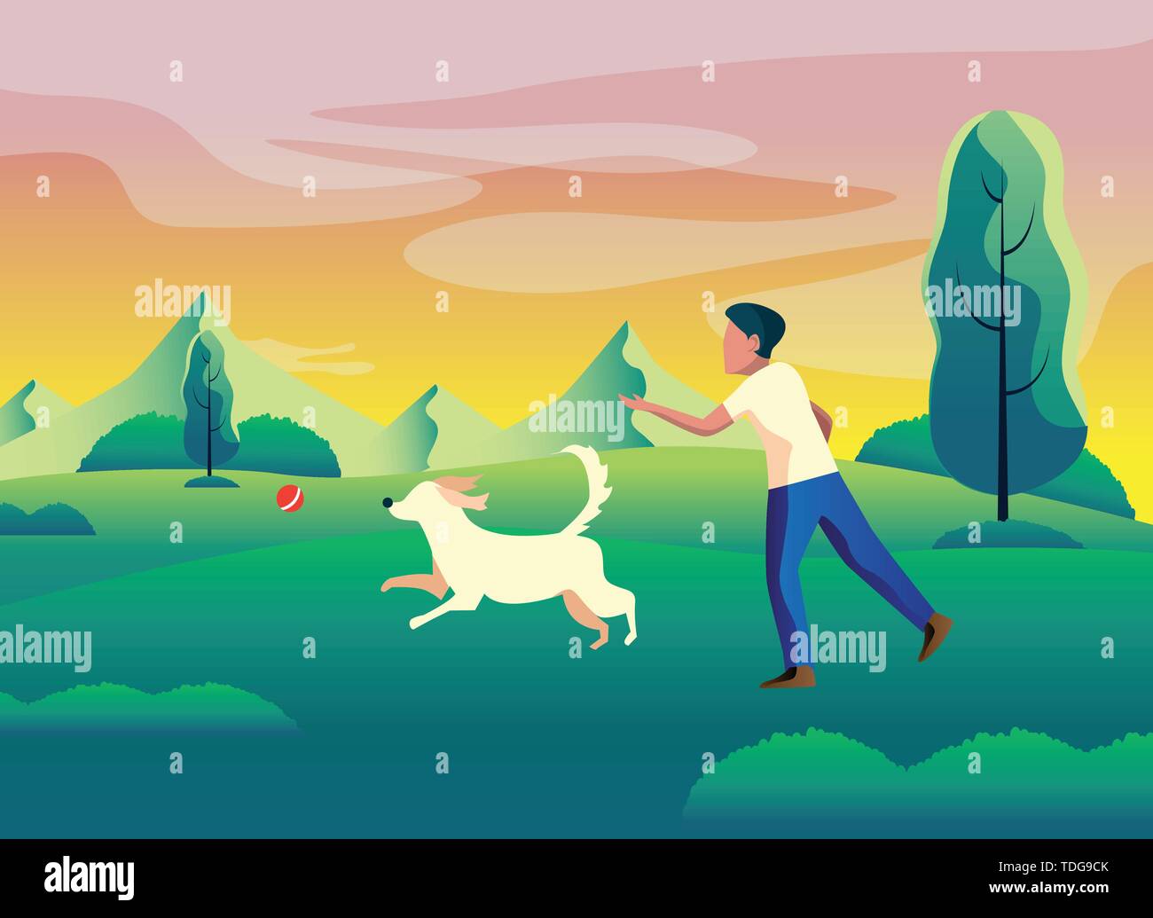 dog and boy/man playing in garden vector illustration Stock Vector
