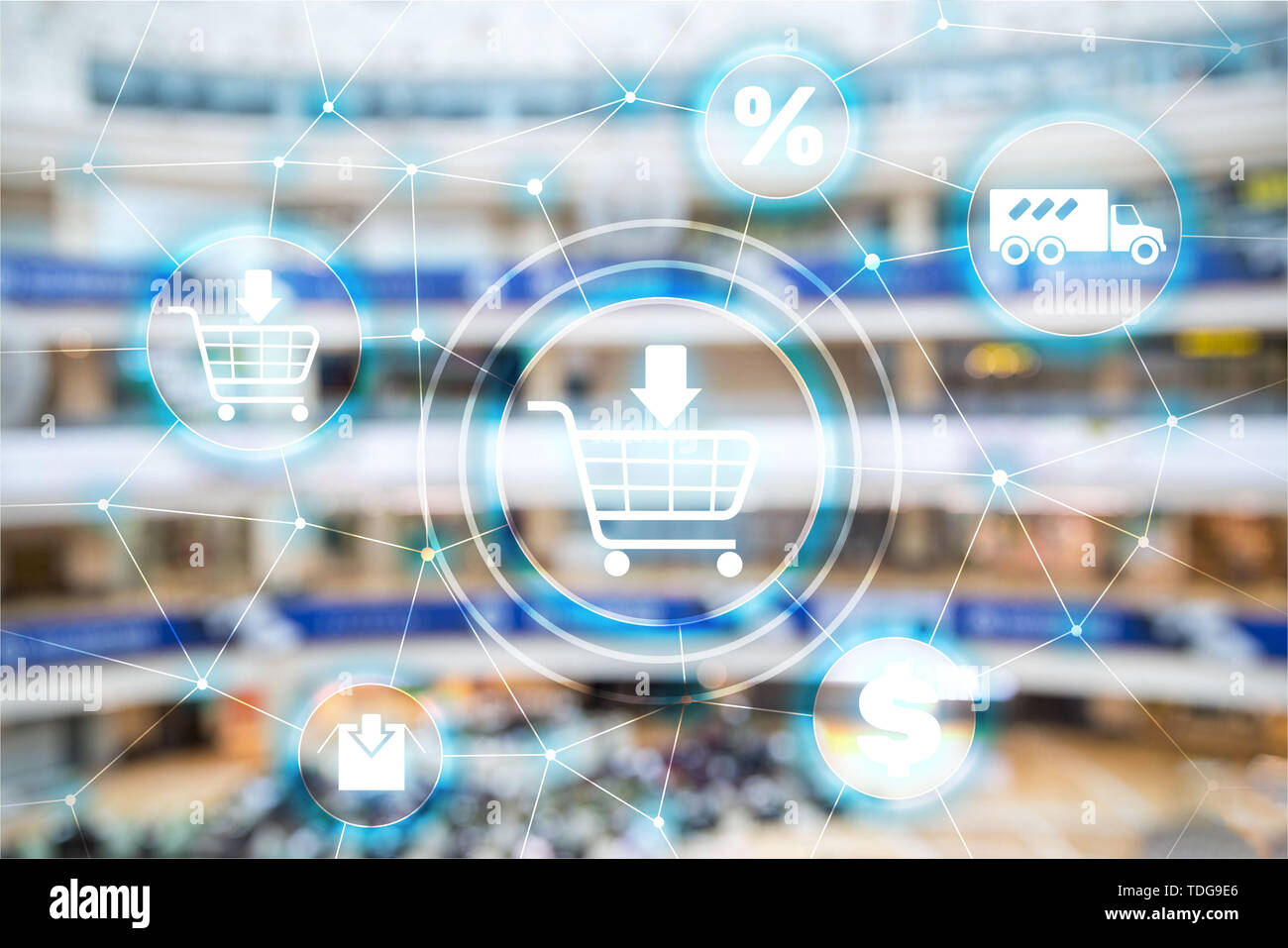 Shopping cart Ecommerce Marketing channel distribution concept on supermarket background. Stock Photo