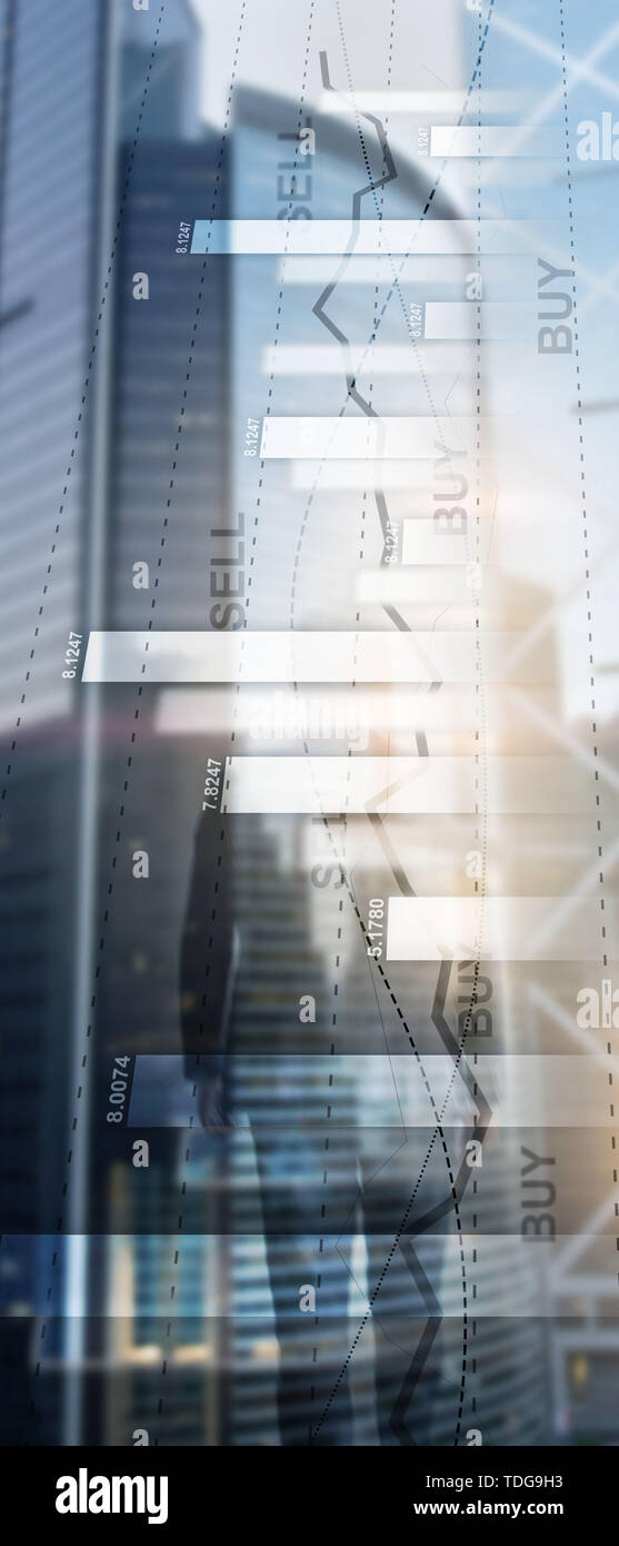 Vertical Panorama Banner. Financial stock trading graph chart diagram business finance concept double exposure mixed media. Stock Photo