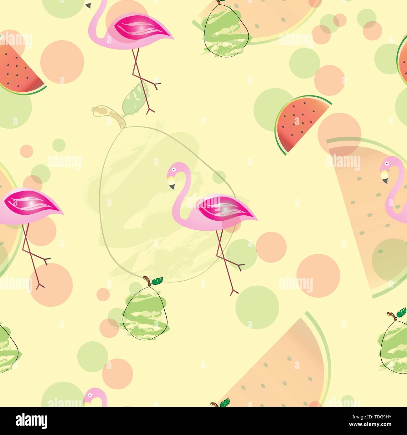 seamless pattern with flamingos - pears and watermelons vector - yellow background Stock Vector
