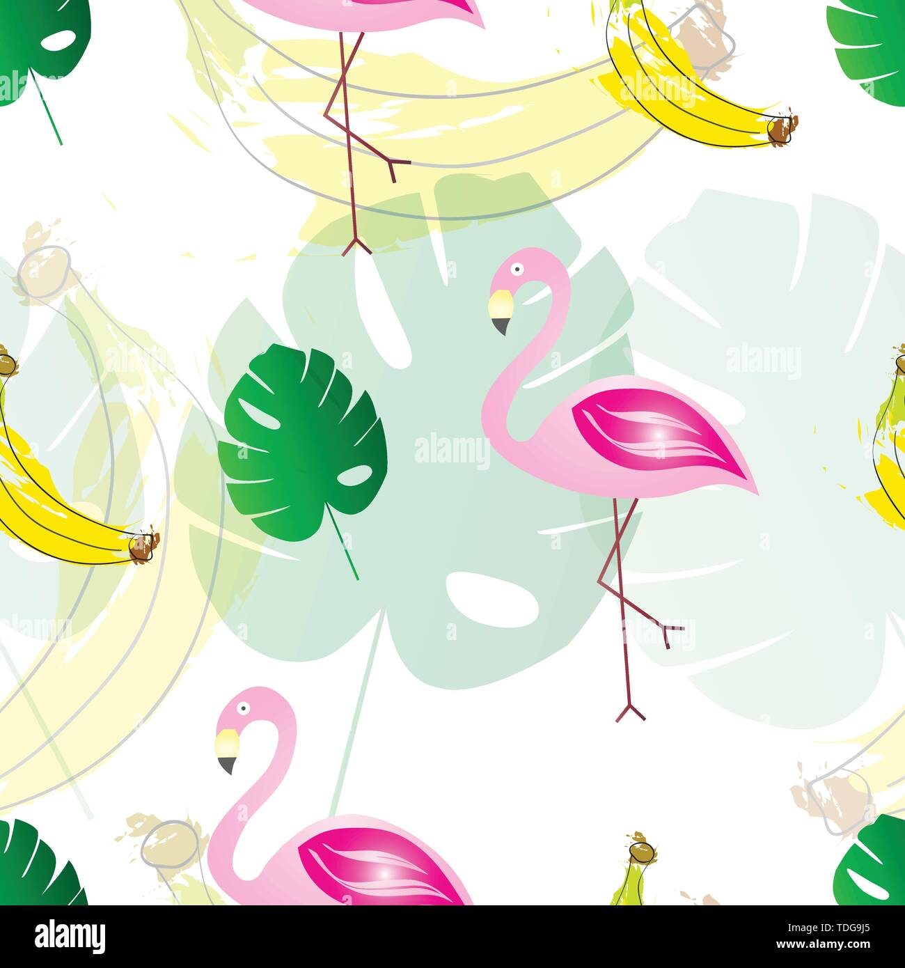 seamless pattern with flamingos bananas and exotic tropical leaves ...