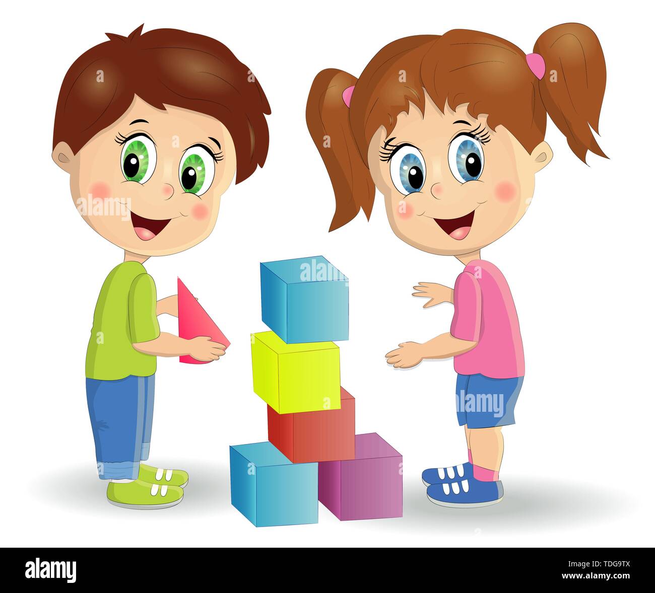 children build tower with blocks. Kids play using kit with bright