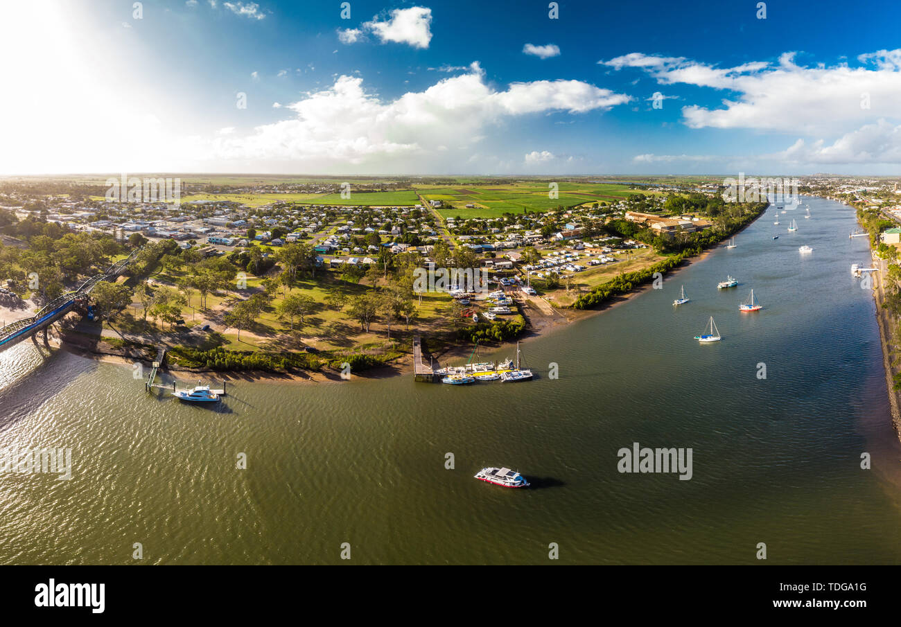 Aerial drone view of central area of Bundaberg, Queensland, Australia