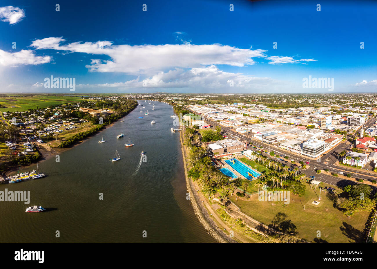 Aerial drone view of central area of Bundaberg, Queensland, Australia