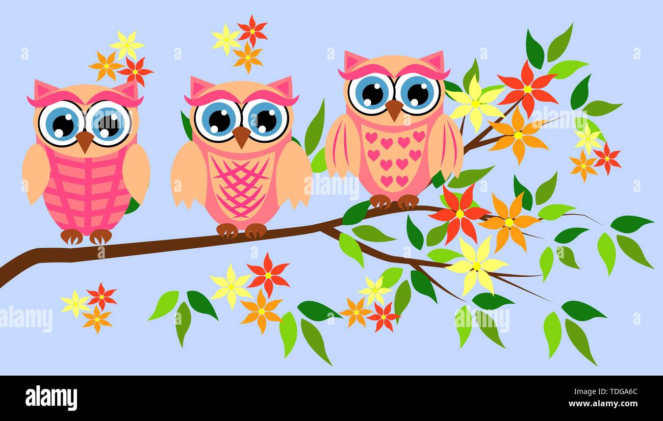Three cute owls with big eyes in a trendy coral color on a blossoming