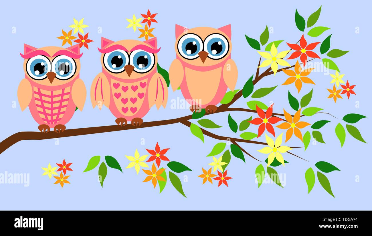 Three cute owls with big eyes in a trendy coral color on a blossoming