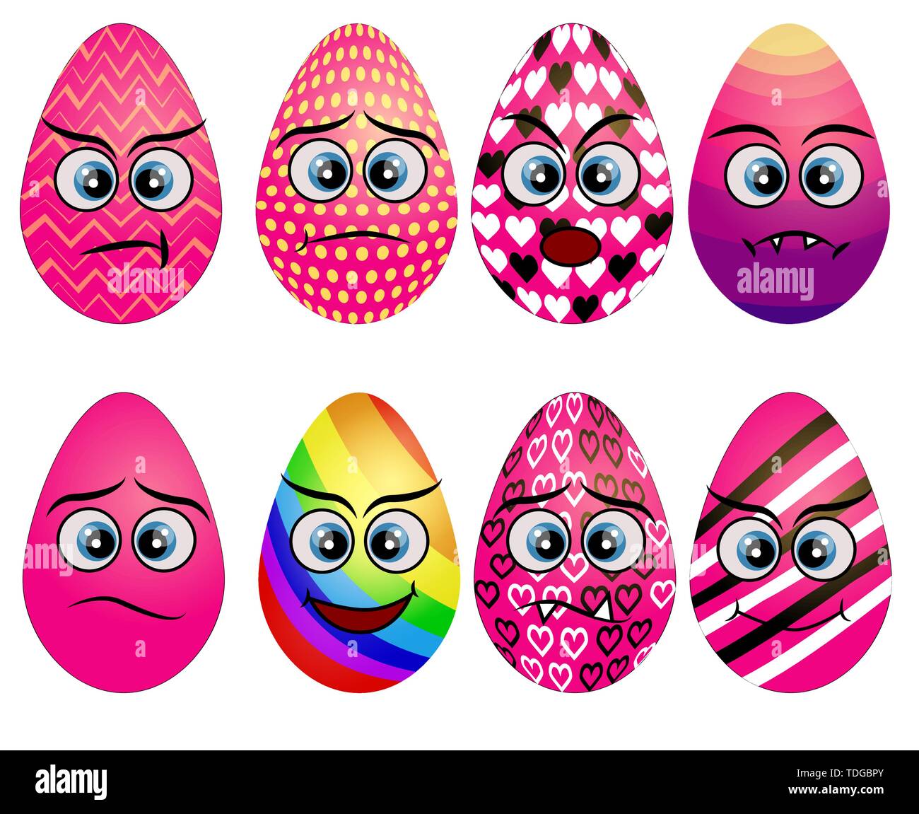Set of cute Easter eggs. Set of Emoji egg. Smile eggs. Isolated flat